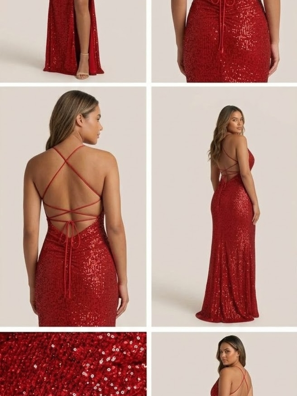 Red Sequin Strappy Back Evening Dress Perfect For Holiday Events, Wedding, Gala